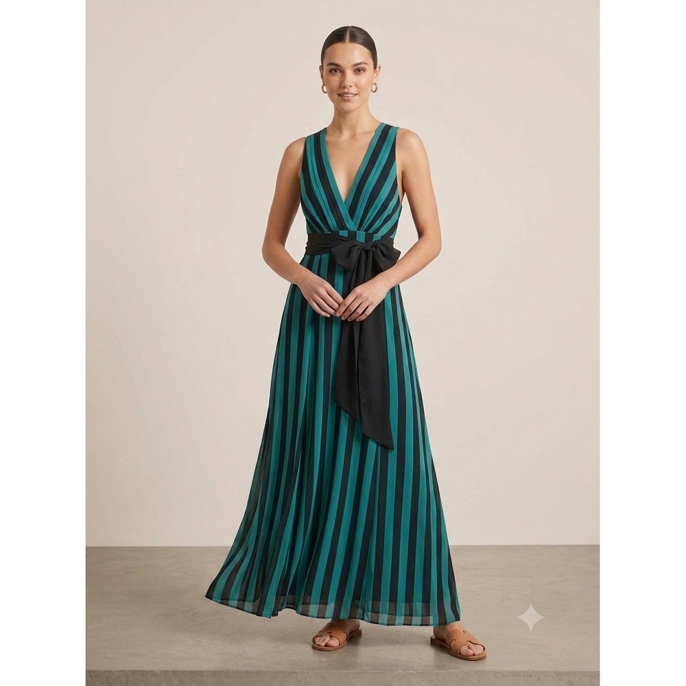 Eva Franco Maxi Dress Womens 6 Teal Black Striped V-Neck Chiffon Gown CF338-H
